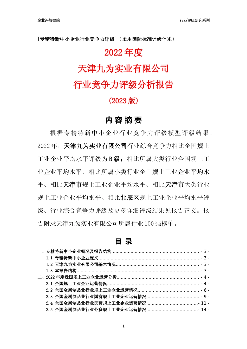 [专精特新]天津九为实业有限公司行业竞争力评级分析报告(2023版)_第1页
