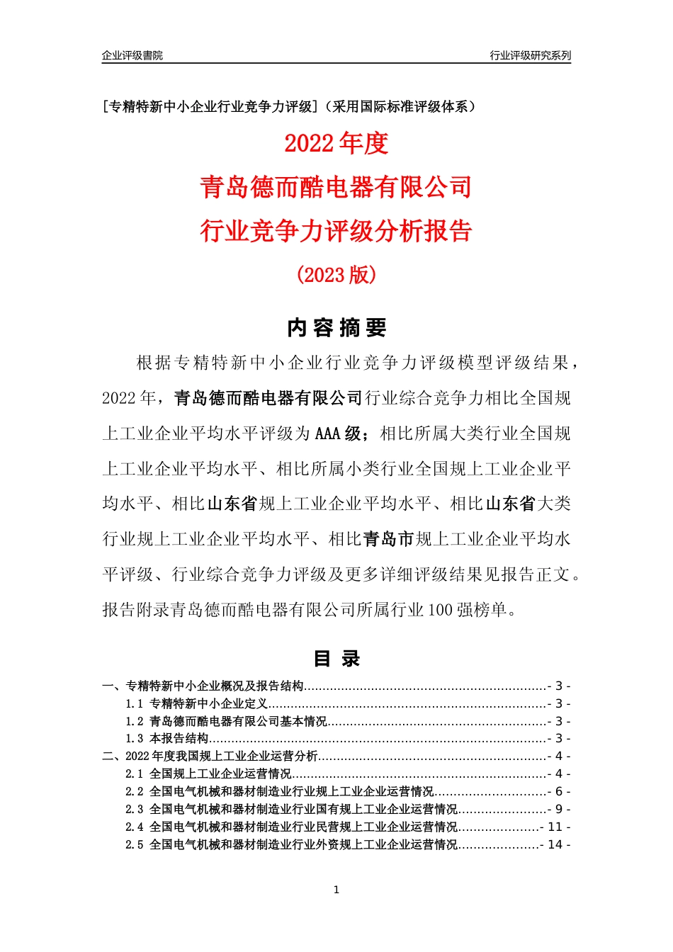 [专精特新]青岛德而酷电器有限公司行业竞争力评级分析报告(2023版)_第1页