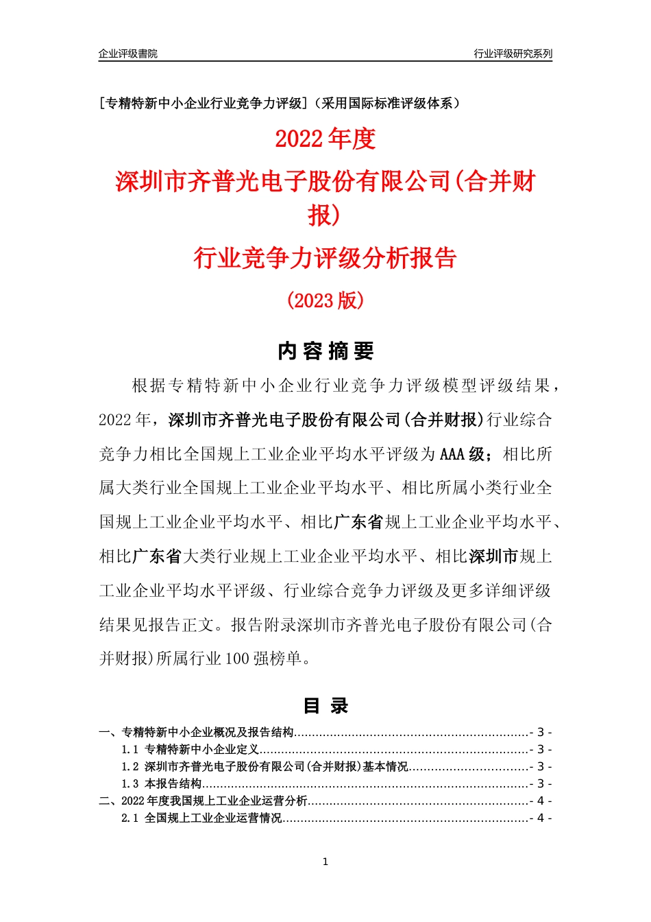 [专精特新]深圳市齐普光电子股份有限公司(合并财报)行业竞争力评级分析报告(2023版)_第1页