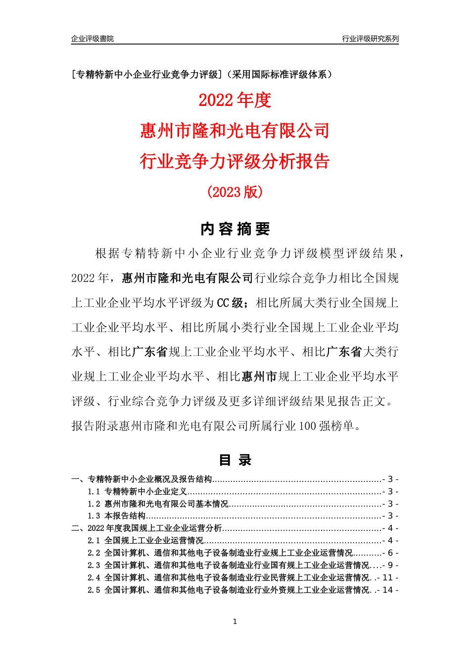 [专精特新]惠州市隆和光电有限公司行业竞争力评级分析报告(2023版)_第1页