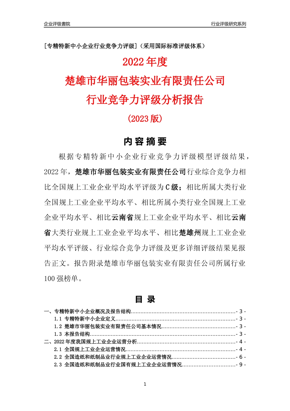 [专精特新]楚雄市华丽包装实业有限责任公司行业竞争力评级分析报告(2023版)_第1页