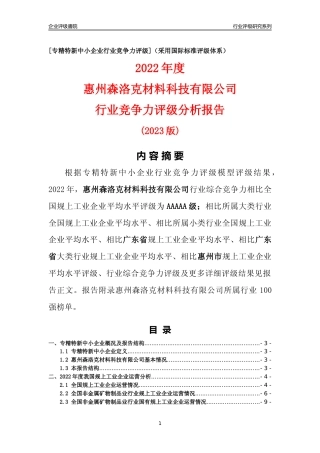 [专精特新]惠州森洛克材料科技有限公司行业竞争力评级分析报告(2023版)