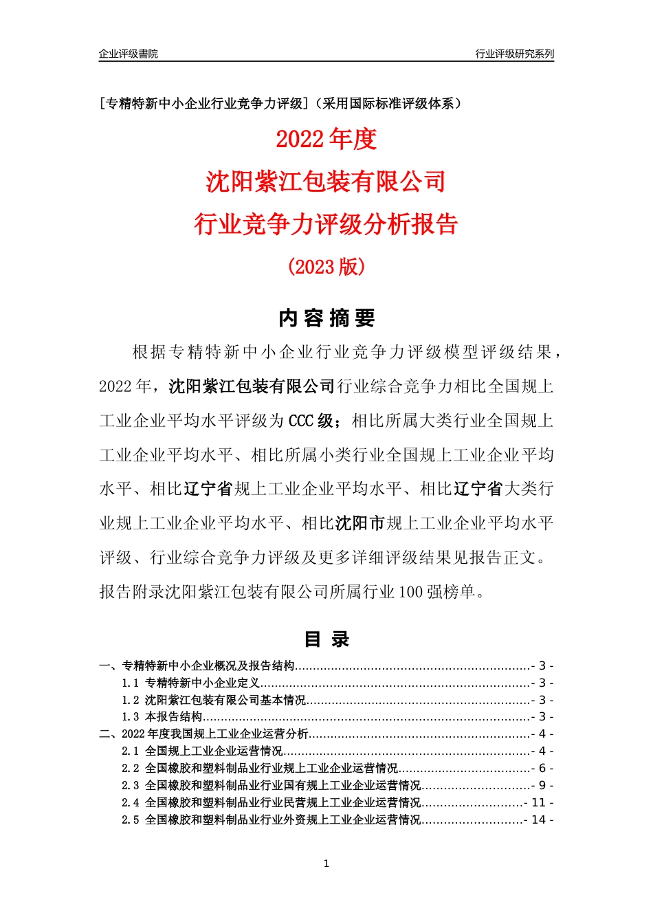 [专精特新]沈阳紫江包装有限公司行业竞争力评级分析报告(2023版)_第1页