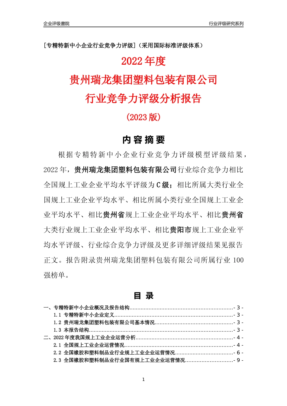 [专精特新]贵州瑞龙集团塑料包装有限公司行业竞争力评级分析报告(2023版)_第1页