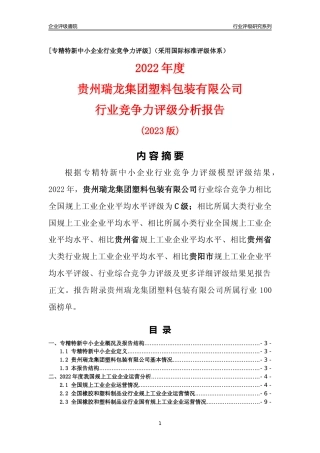 [专精特新]贵州瑞龙集团塑料包装有限公司行业竞争力评级分析报告(2023版)