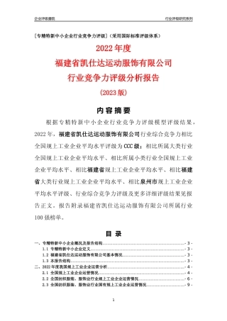 [专精特新]福建省凯仕达运动服饰有限公司行业竞争力评级分析报告(2023版)