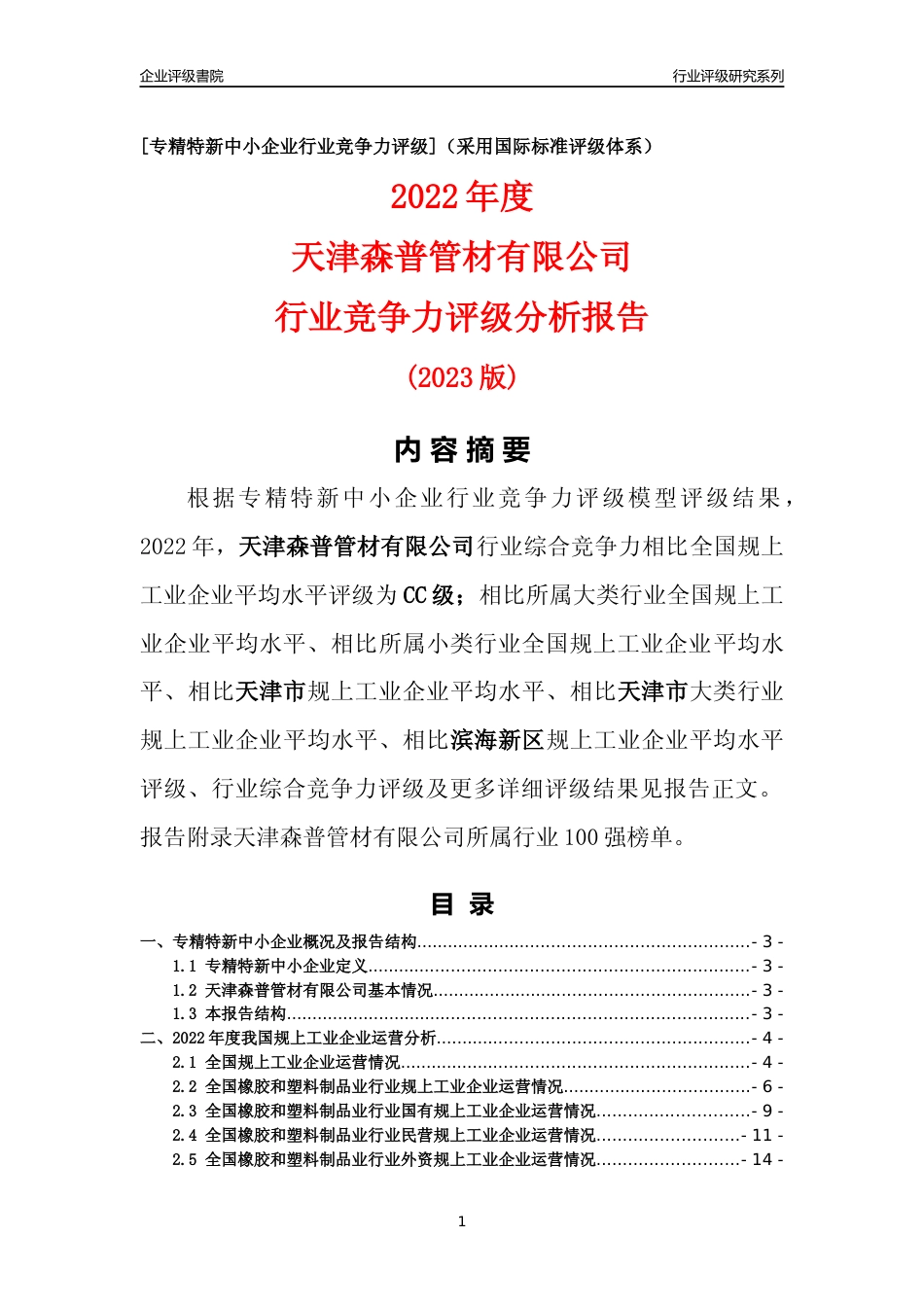 [专精特新]天津森普管材有限公司行业竞争力评级分析报告(2023版)_第1页