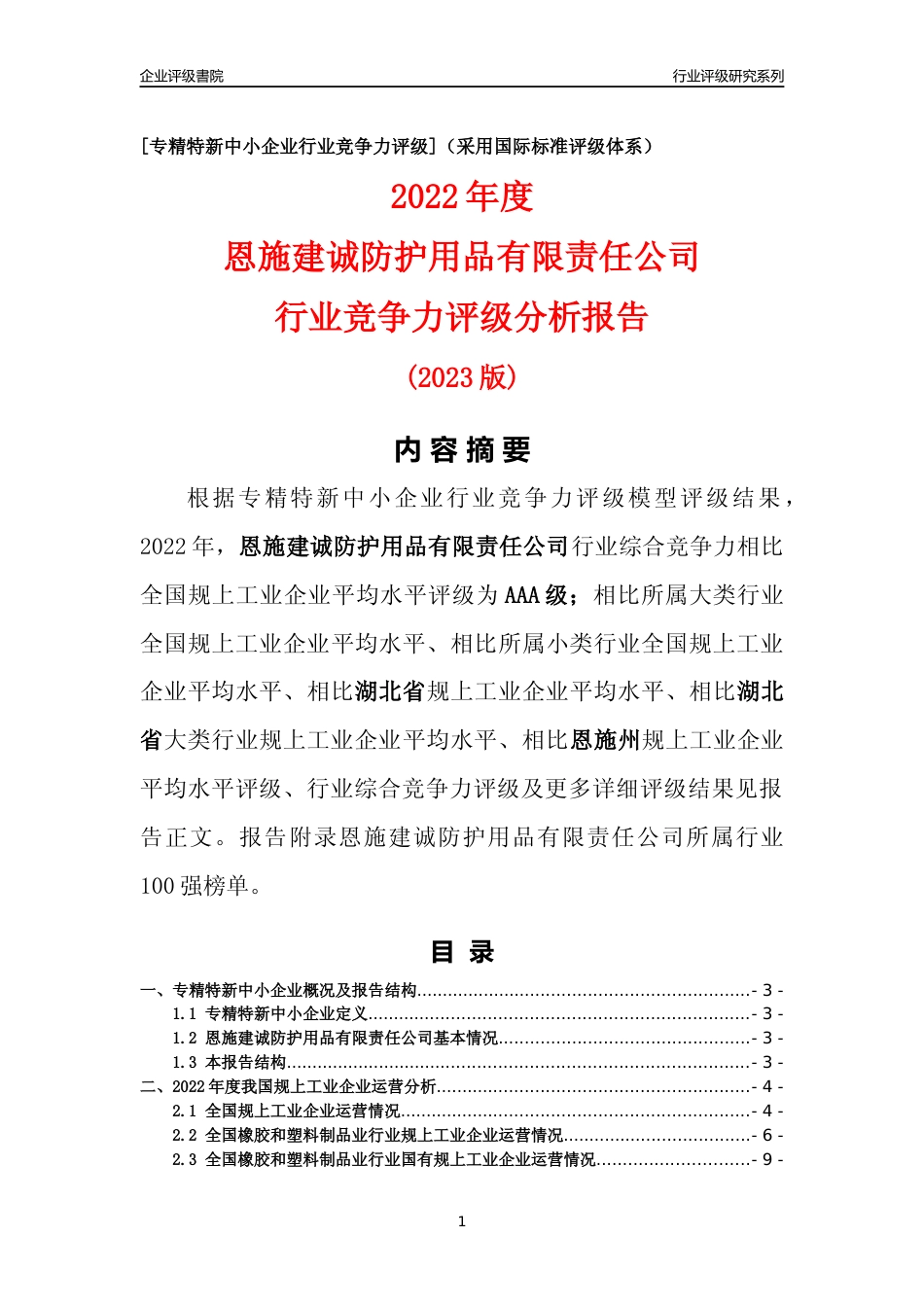 [专精特新]恩施建诚防护用品有限责任公司行业竞争力评级分析报告(2023版)_第1页