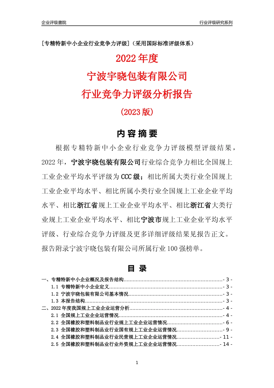 [专精特新]宁波宇晓包装有限公司行业竞争力评级分析报告(2023版)_第1页
