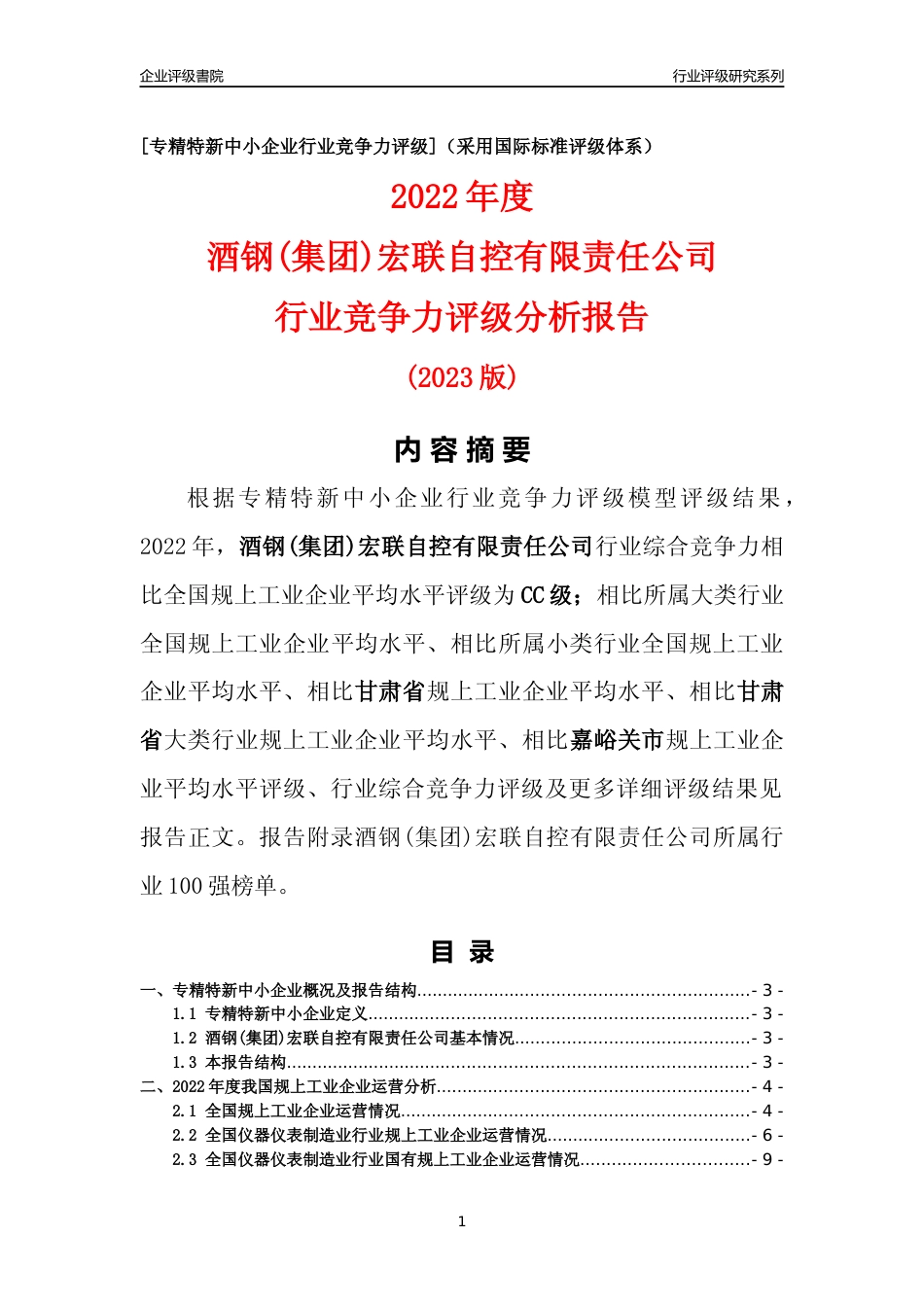 [专精特新]酒钢(集团)宏联自控有限责任公司行业竞争力评级分析报告(2023版)_第1页