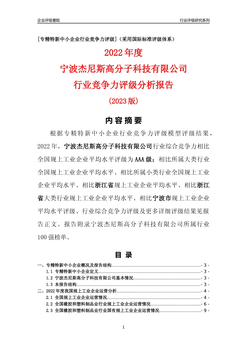 [专精特新]宁波杰尼斯高分子科技有限公司行业竞争力评级分析报告(2023版)_第1页