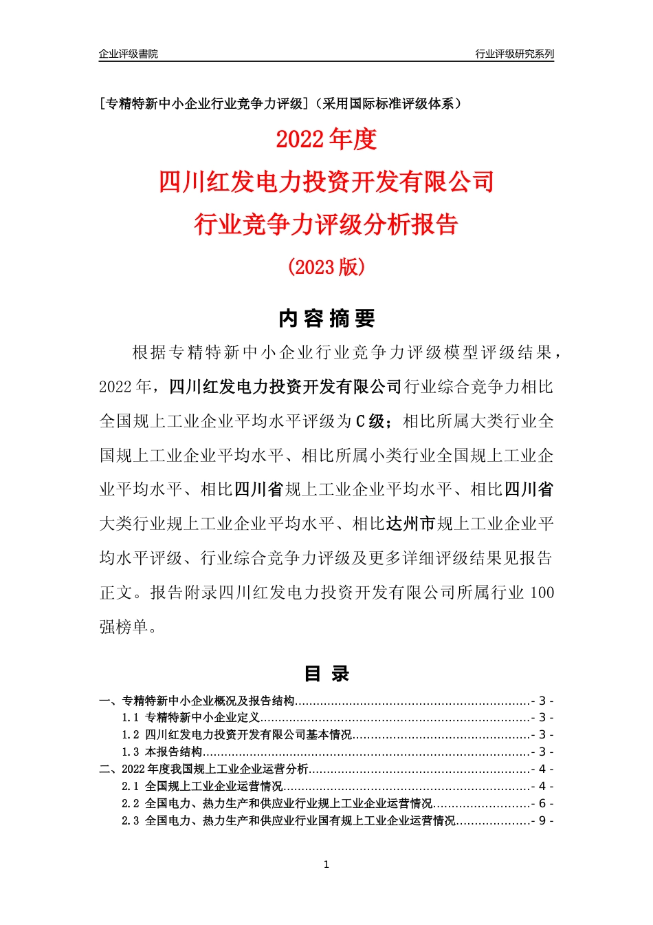 [专精特新]四川红发电力投资开发有限公司行业竞争力评级分析报告(2023版)_第1页