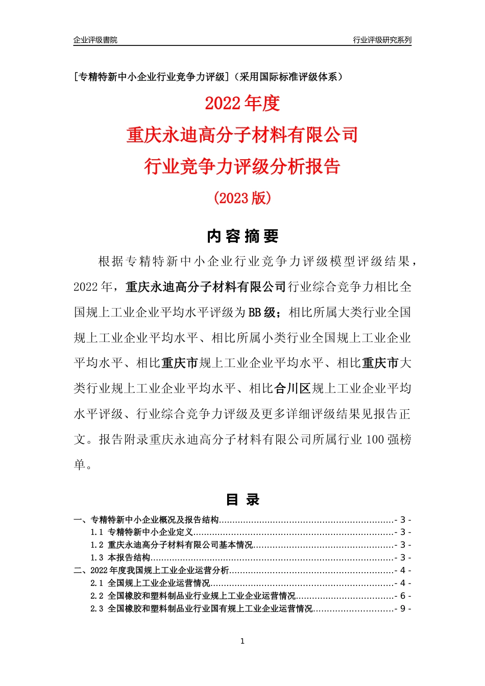 [专精特新]重庆永迪高分子材料有限公司行业竞争力评级分析报告(2023版)_第1页