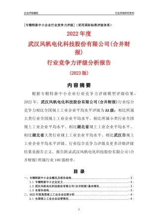 [专精特新]武汉风帆电化科技股份有限公司(合并财报)行业竞争力评级分析报告(2023版)