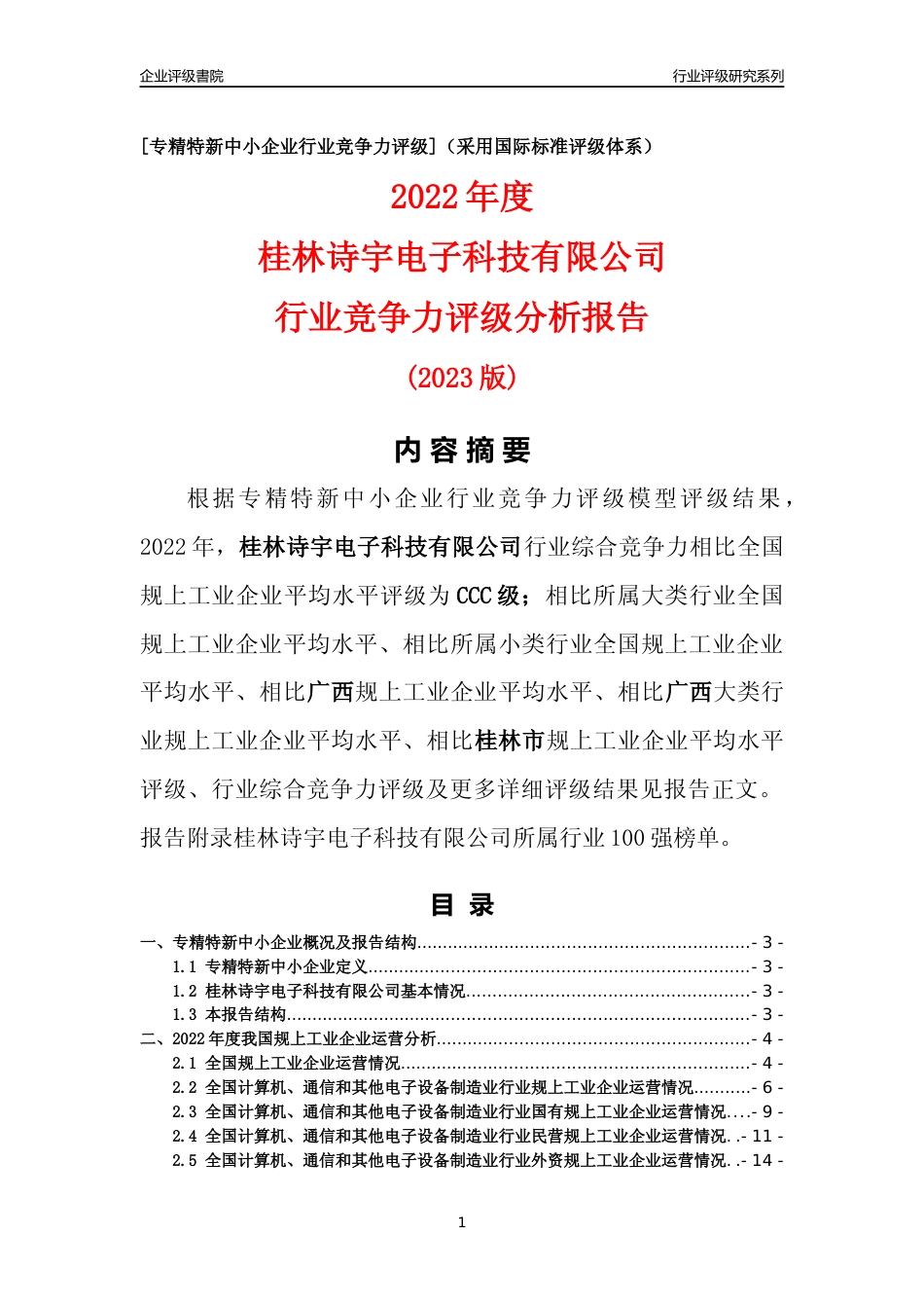 [专精特新]桂林诗宇电子科技有限公司行业竞争力评级分析报告(2023版)_第1页