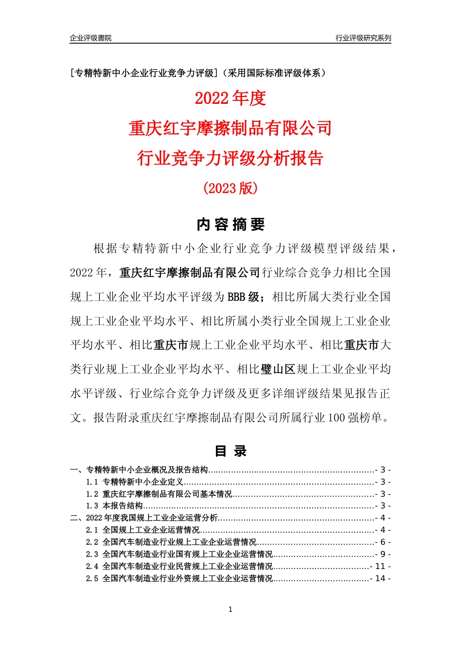 [专精特新]重庆红宇摩擦制品有限公司行业竞争力评级分析报告(2023版)_第1页