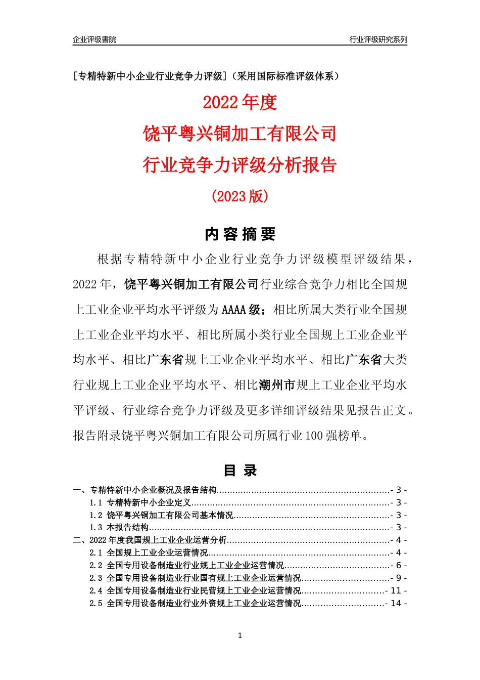 [专精特新]饶平粤兴铜加工有限公司行业竞争力评级分析报告(2023版)_第1页
