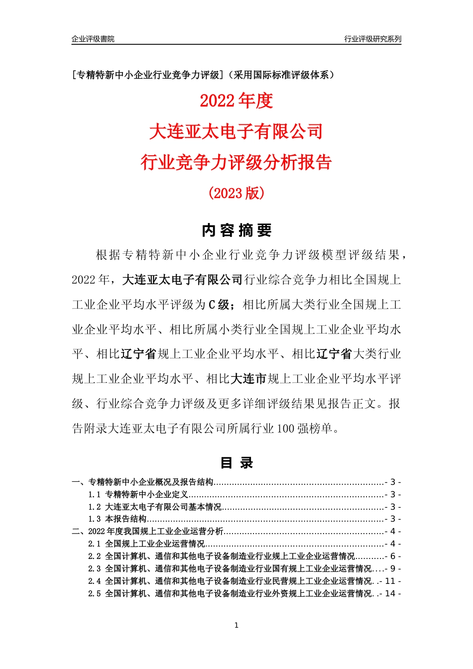 [专精特新]大连亚太电子有限公司行业竞争力评级分析报告(2023版)_第1页