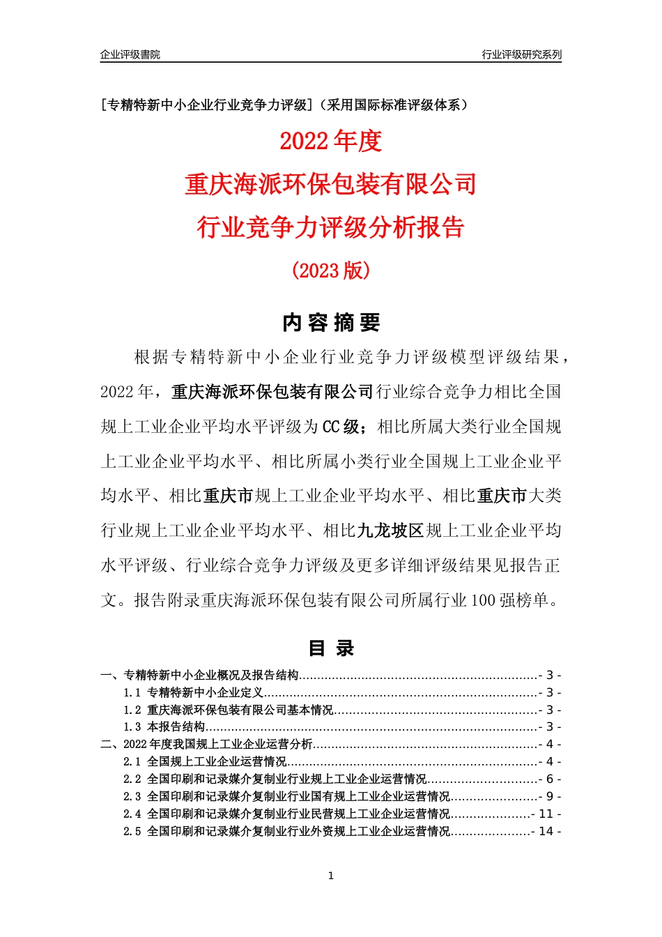 [专精特新]重庆海派环保包装有限公司行业竞争力评级分析报告(2023版)_第1页