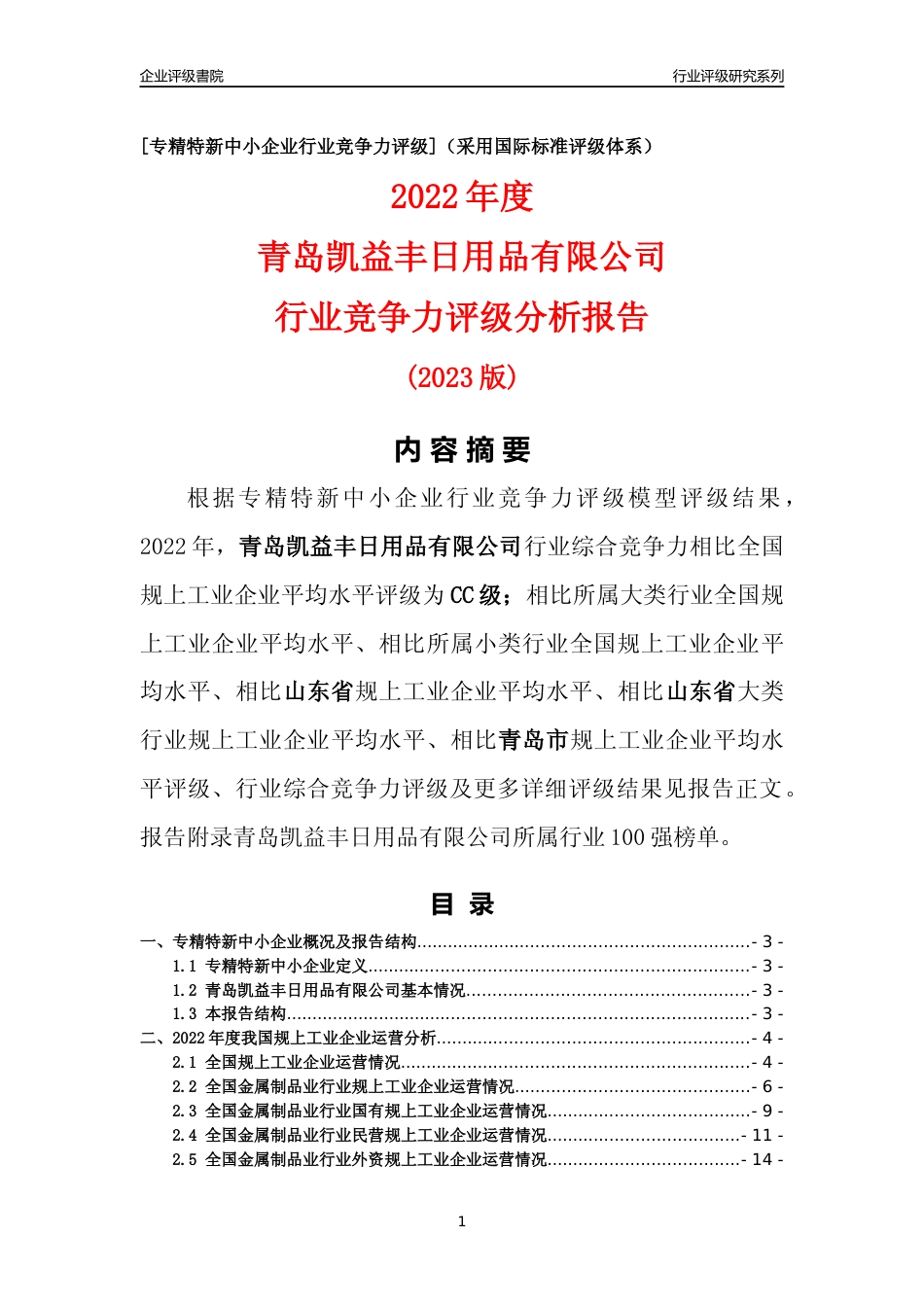 [专精特新]青岛凯益丰日用品有限公司行业竞争力评级分析报告(2023版)_第1页