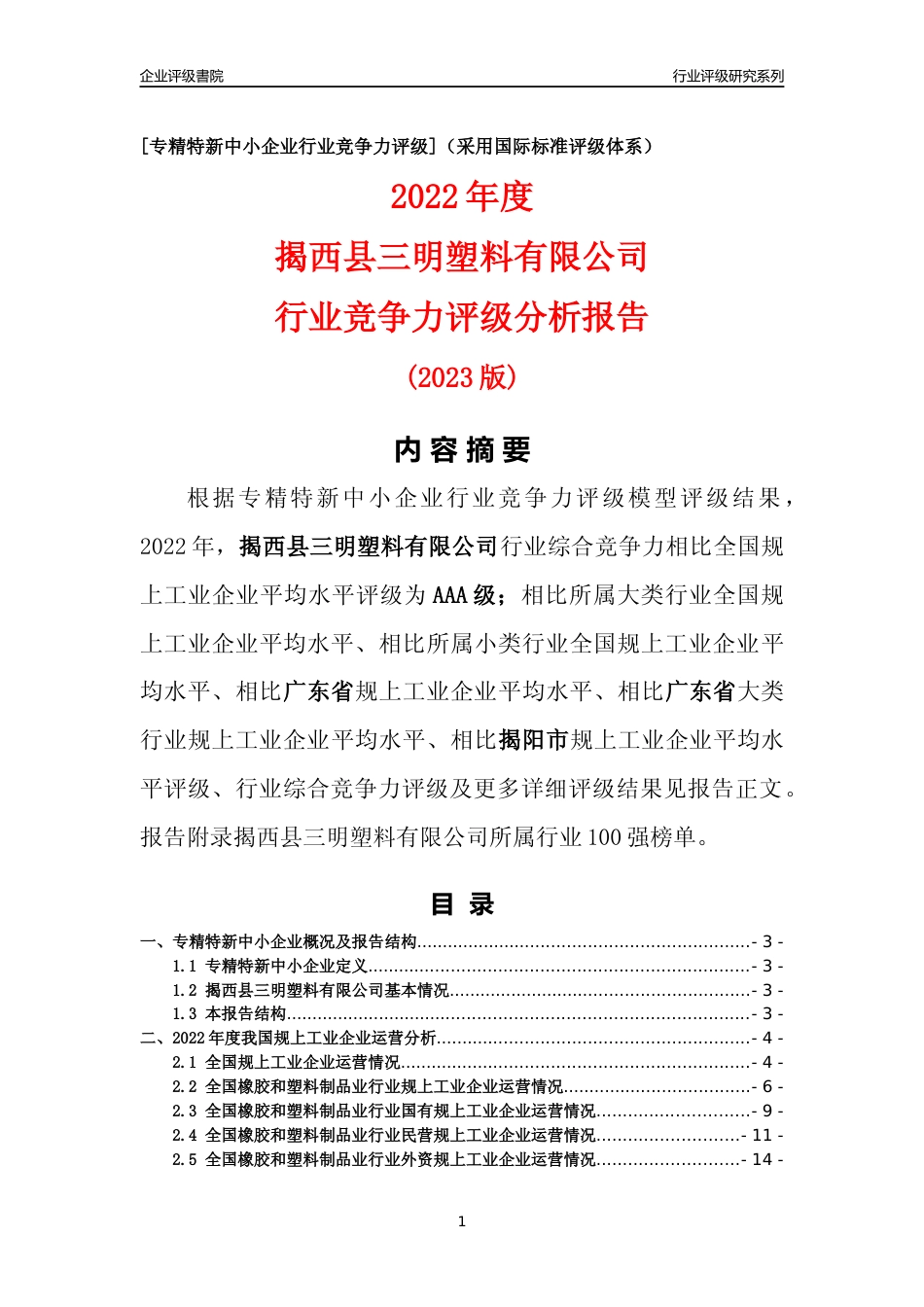 [专精特新]揭西县三明塑料有限公司行业竞争力评级分析报告(2023版)_第1页