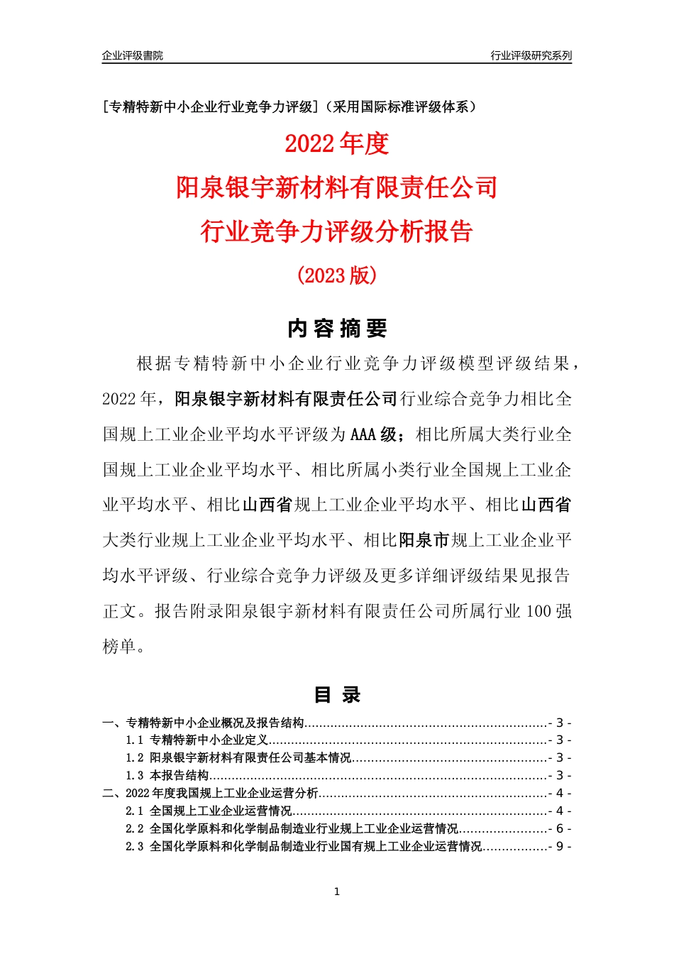 [专精特新]阳泉银宇新材料有限责任公司行业竞争力评级分析报告(2023版)_第1页