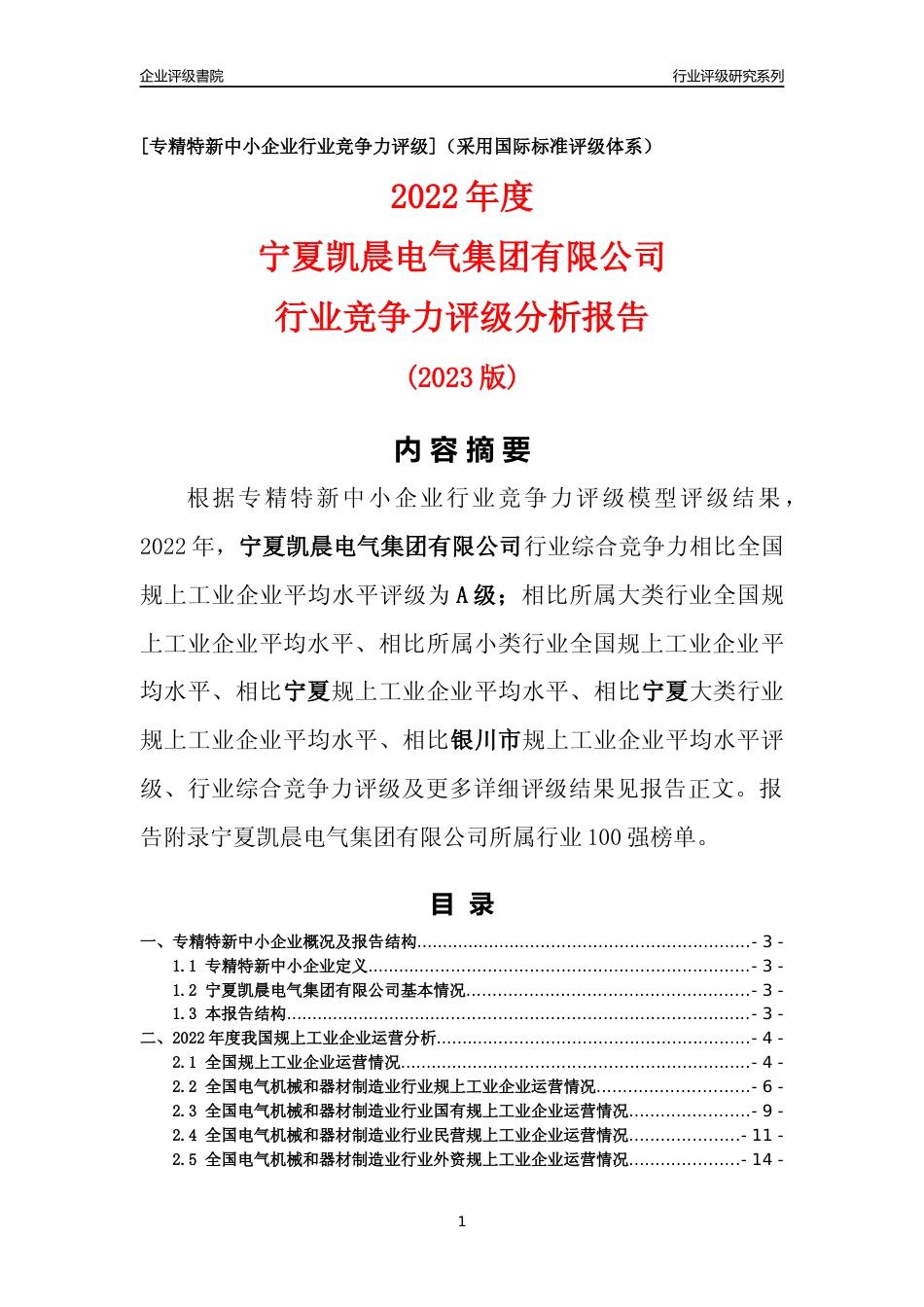 [专精特新]宁夏凯晨电气集团有限公司行业竞争力评级分析报告(2023版)_第1页