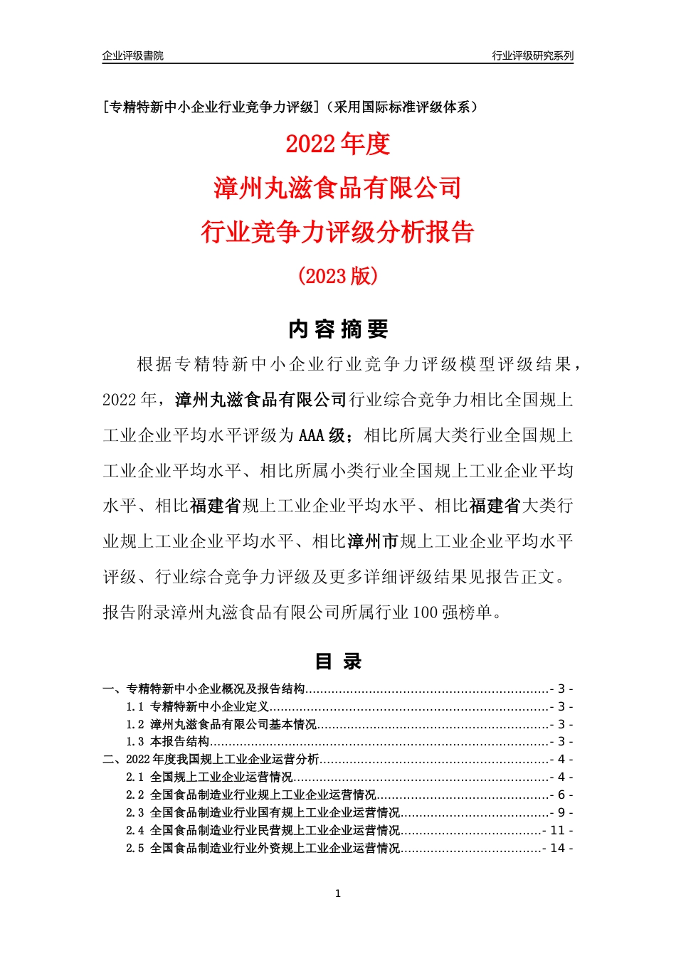 [专精特新]漳州丸滋食品有限公司行业竞争力评级分析报告(2023版)_第1页