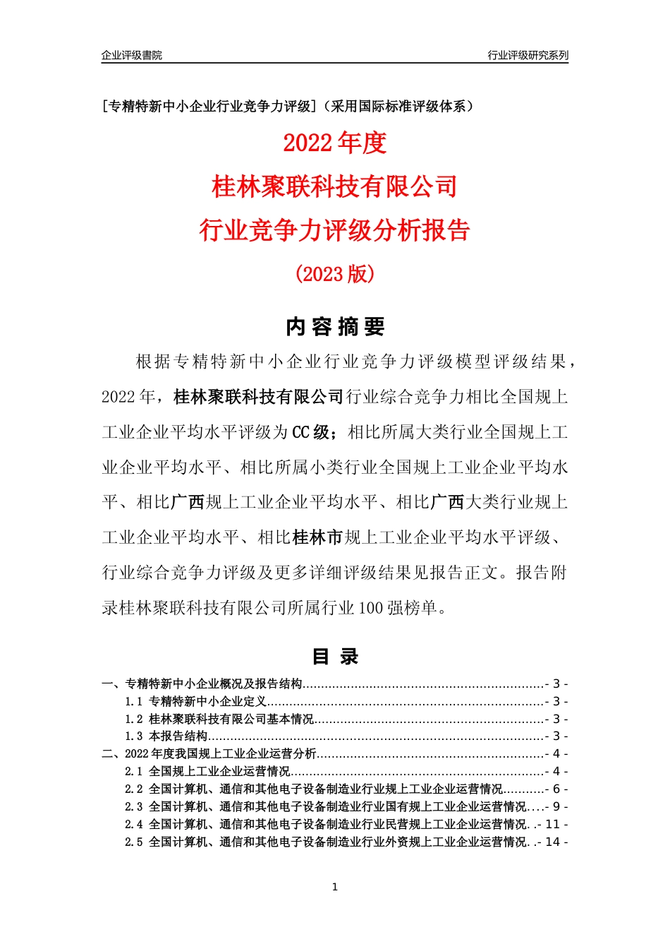 [专精特新]桂林聚联科技有限公司行业竞争力评级分析报告(2023版)_第1页