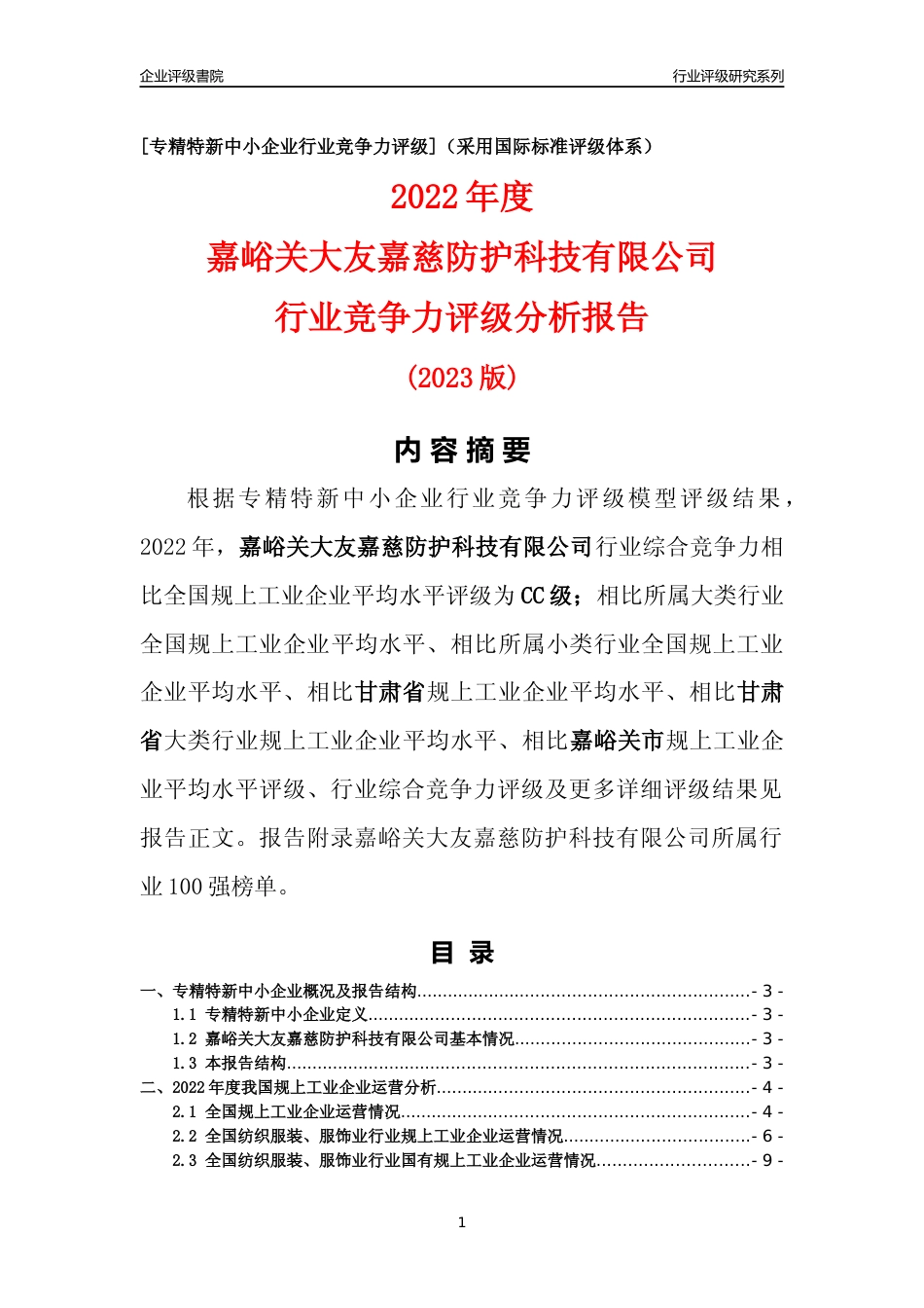 [专精特新]嘉峪关大友嘉慈防护科技有限公司行业竞争力评级分析报告(2023版)_第1页