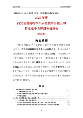 [专精特新]西安远通耐特汽车安全技术有限公司行业竞争力评级分析报告(2023版)