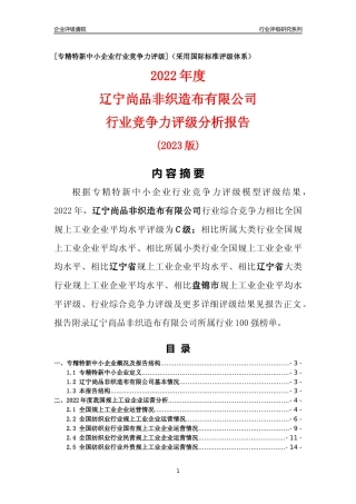 [专精特新]辽宁尚品非织造布有限公司行业竞争力评级分析报告(2023版)