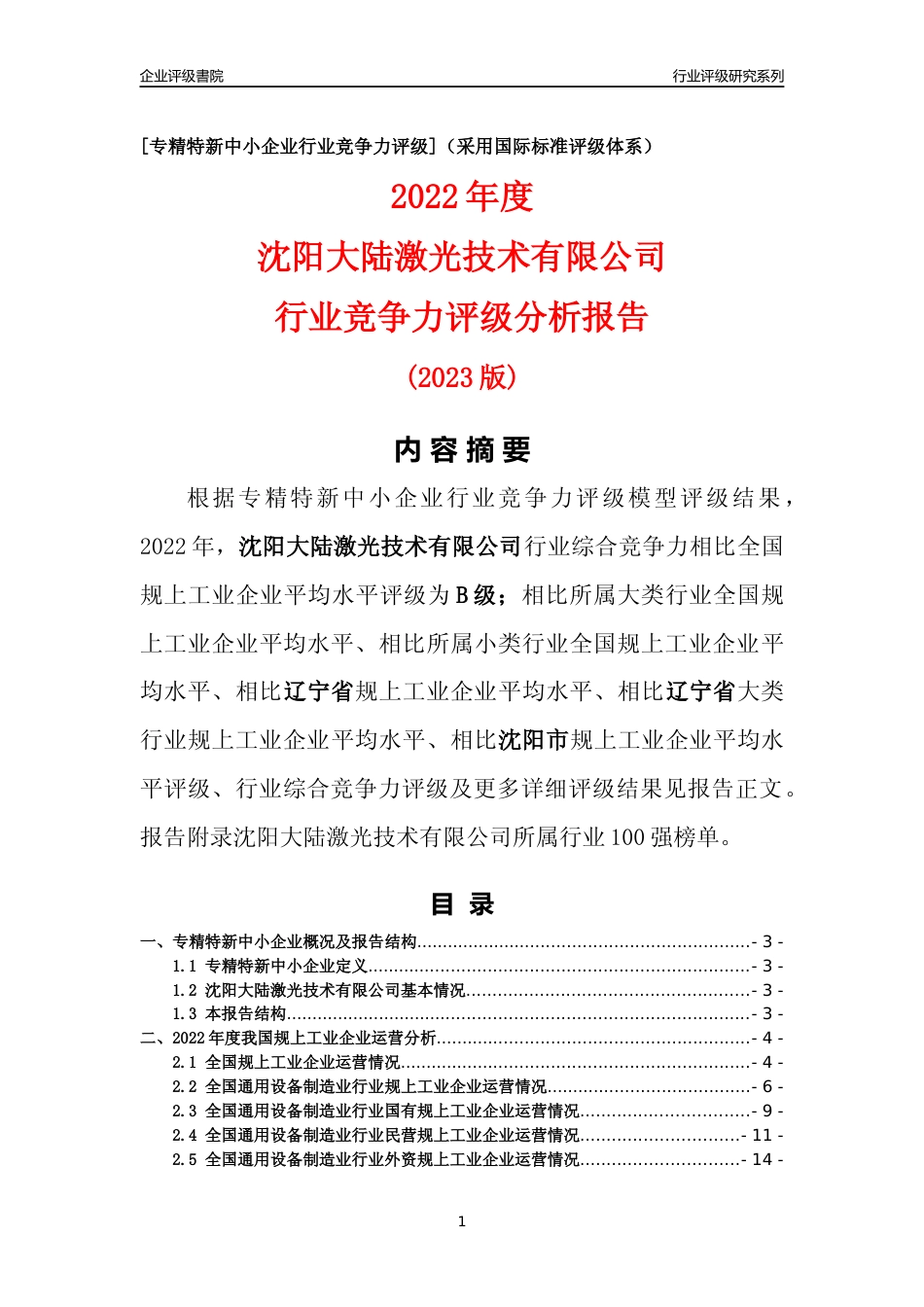 [专精特新]沈阳大陆激光技术有限公司行业竞争力评级分析报告(2023版)_第1页