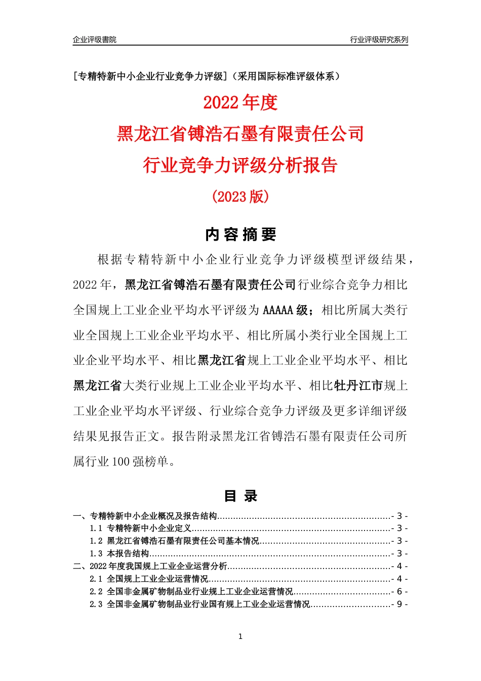 [专精特新]黑龙江省镈浩石墨有限责任公司行业竞争力评级分析报告(2023版)_第1页