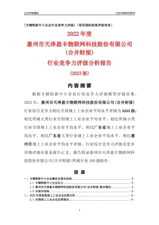 [专精特新]惠州市天泽盈丰物联网科技股份有限公司(合并财报)行业竞争力评级分析报告(2023版)