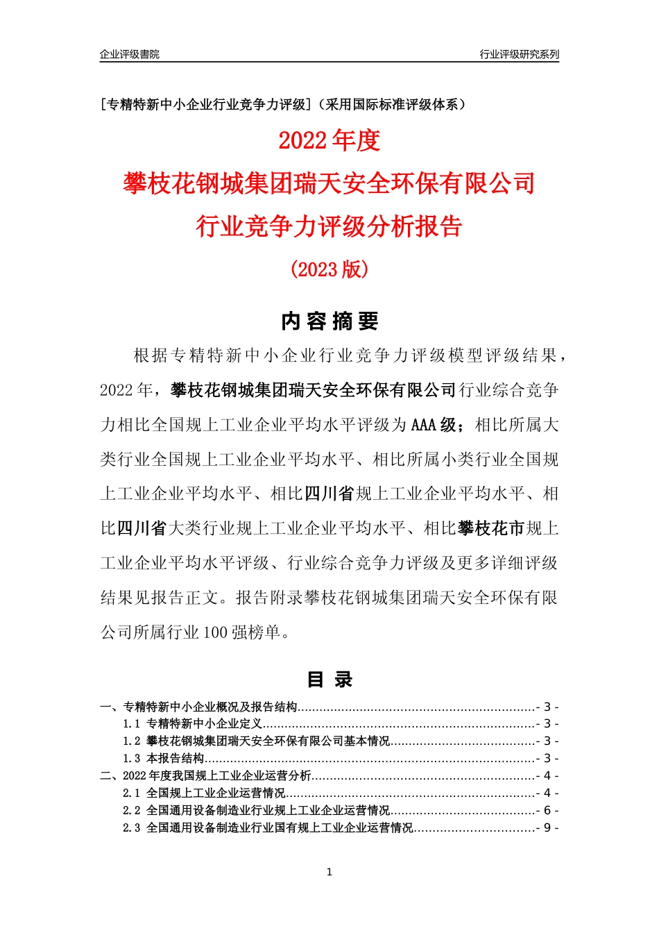 [专精特新]攀枝花钢城集团瑞天安全环保有限公司行业竞争力评级分析报告(2023版)_第1页