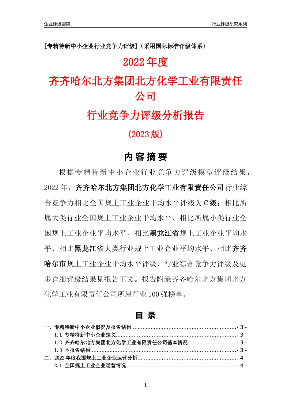 [专精特新]齐齐哈尔北方集团北方化学工业有限责任公司行业竞争力评级分析报告(2023版)_第1页