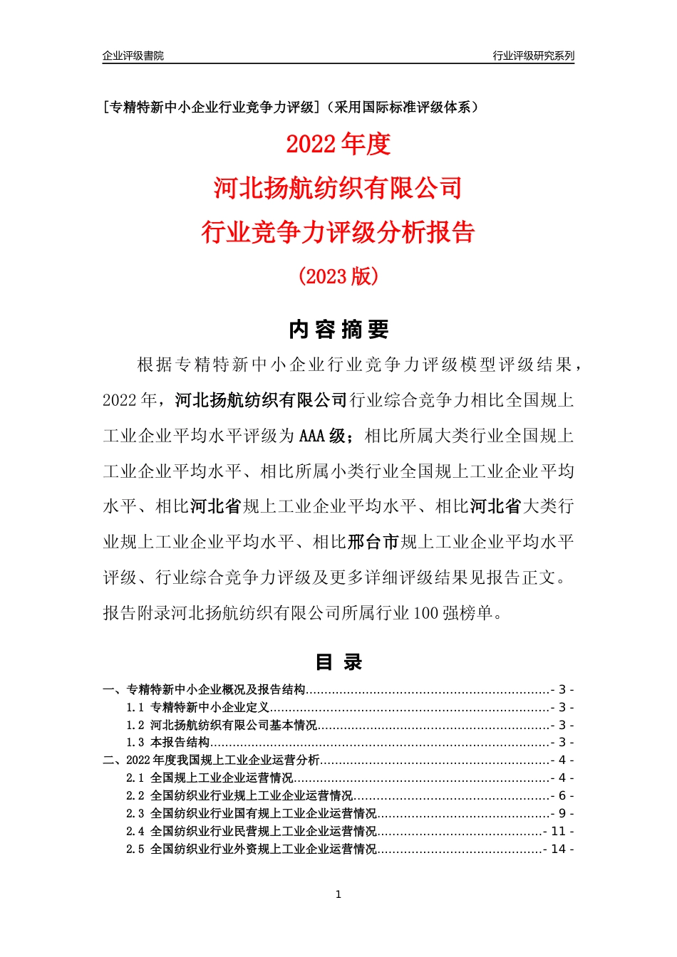 [专精特新]河北扬航纺织有限公司行业竞争力评级分析报告(2023版)_第1页