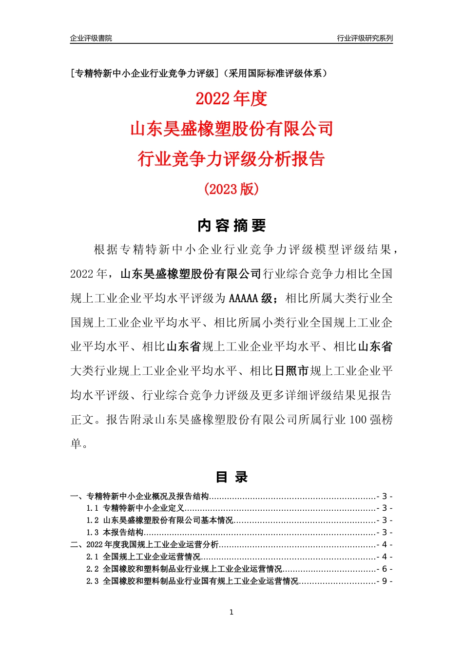 [专精特新]山东昊盛橡塑股份有限公司行业竞争力评级分析报告(2023版)_第1页