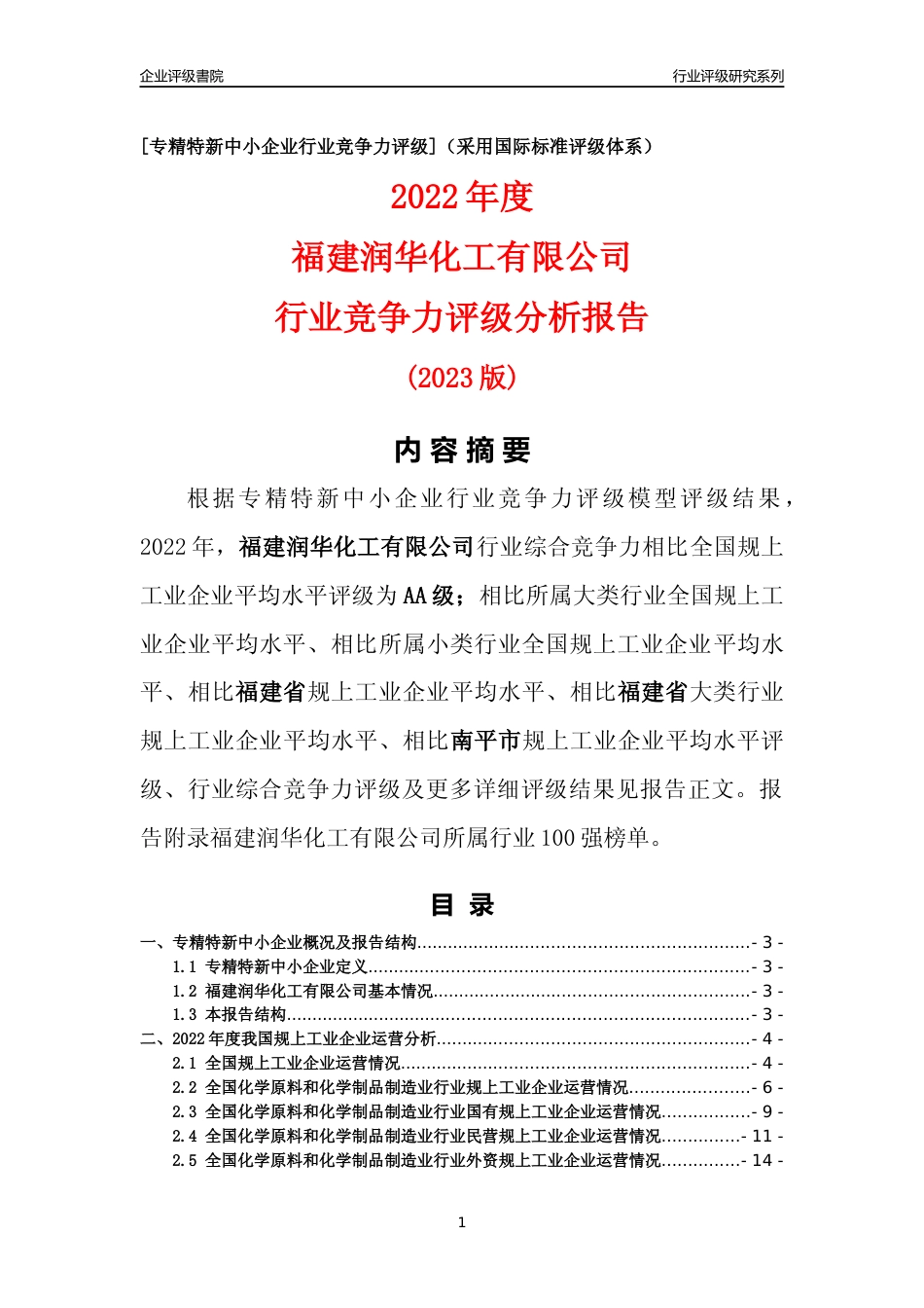 [专精特新]福建润华化工有限公司行业竞争力评级分析报告(2023版)_第1页