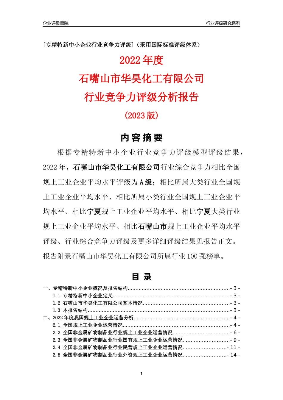 [专精特新]石嘴山市华昊化工有限公司行业竞争力评级分析报告(2023版)_第1页