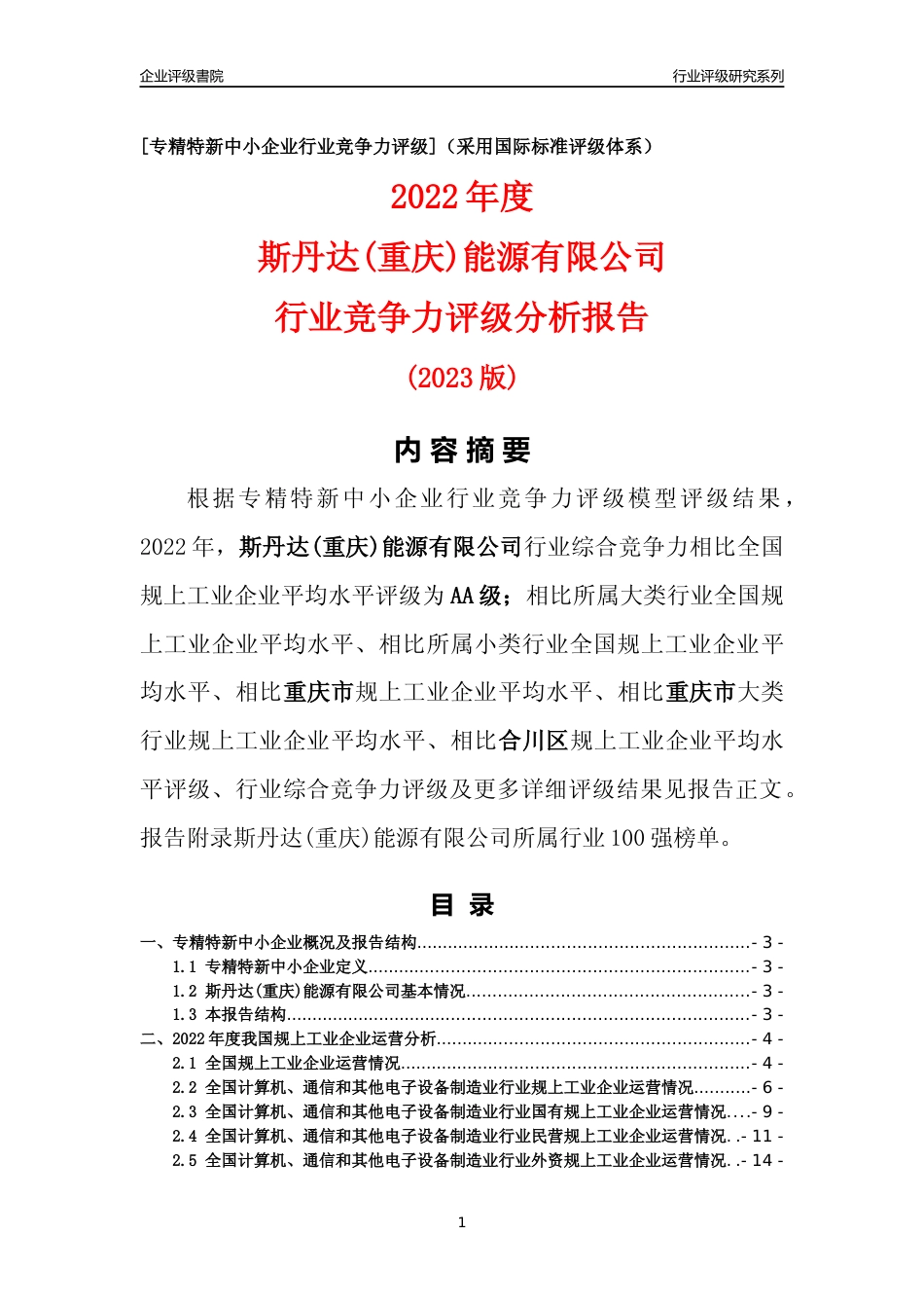 [专精特新]斯丹达(重庆)能源有限公司行业竞争力评级分析报告(2023版)_第1页