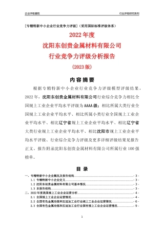 [专精特新]沈阳东创贵金属材料有限公司行业竞争力评级分析报告(2023版)