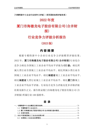 [专精特新]厦门市海德龙电子股份有限公司(合并财报)行业竞争力评级分析报告(2023版)