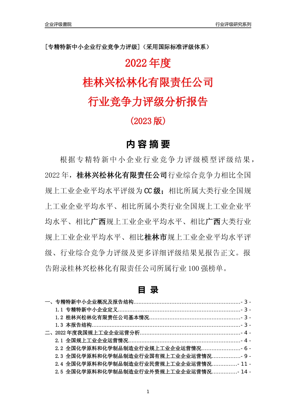 [专精特新]桂林兴松林化有限责任公司行业竞争力评级分析报告(2023版)_第1页