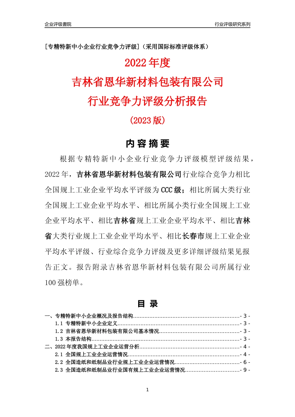 [专精特新]吉林省恩华新材料包装有限公司行业竞争力评级分析报告(2023版)_第1页