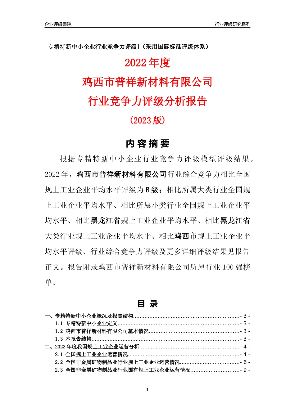 [专精特新]鸡西市普祥新材料有限公司行业竞争力评级分析报告(2023版)_第1页