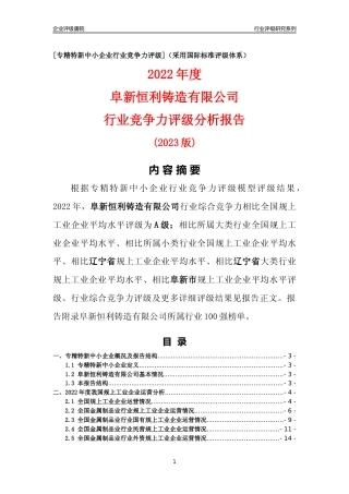 [专精特新]阜新恒利铸造有限公司行业竞争力评级分析报告(2023版)