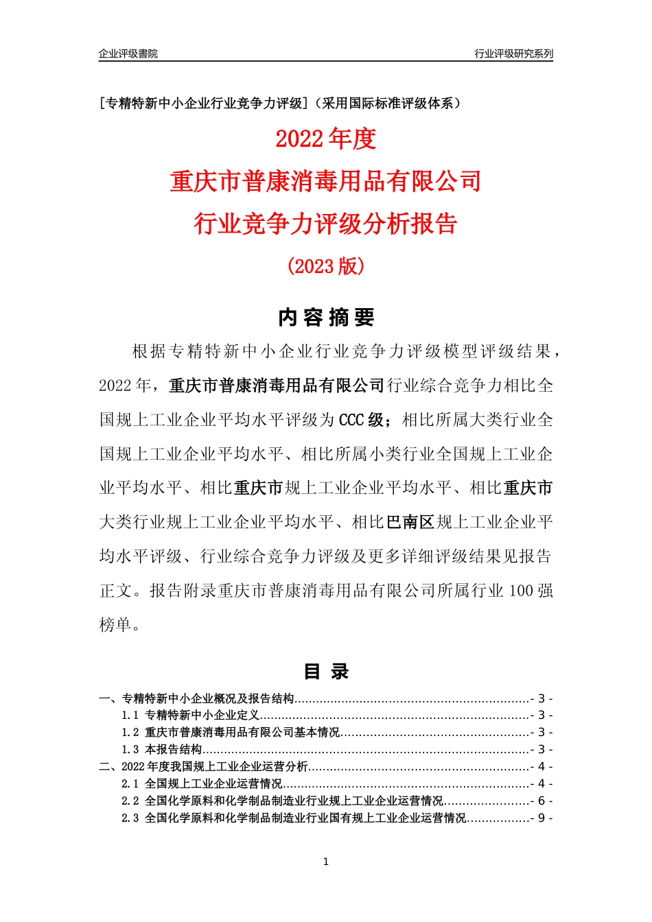 [专精特新]重庆市普康消毒用品有限公司行业竞争力评级分析报告(2023版)_第1页