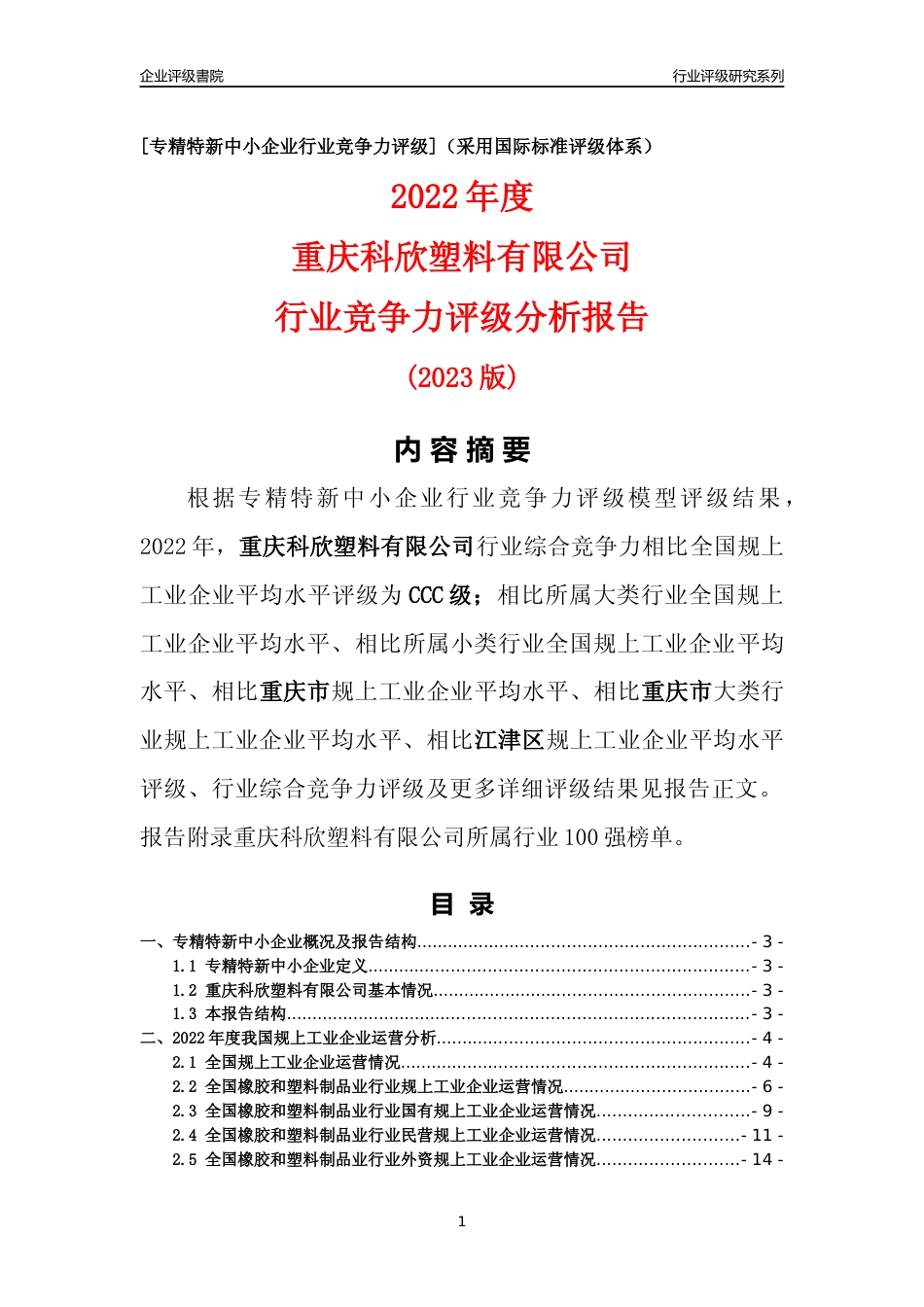 [专精特新]重庆科欣塑料有限公司行业竞争力评级分析报告(2023版)_第1页